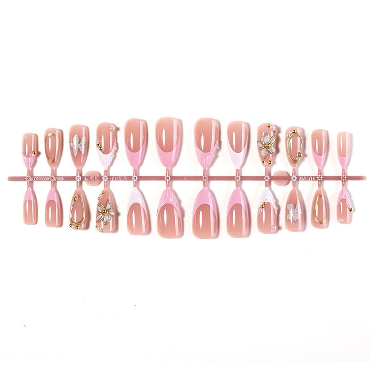 3D Wave French Tip Press on Nails – Medium Almond Fake Nails with Gold Flower |