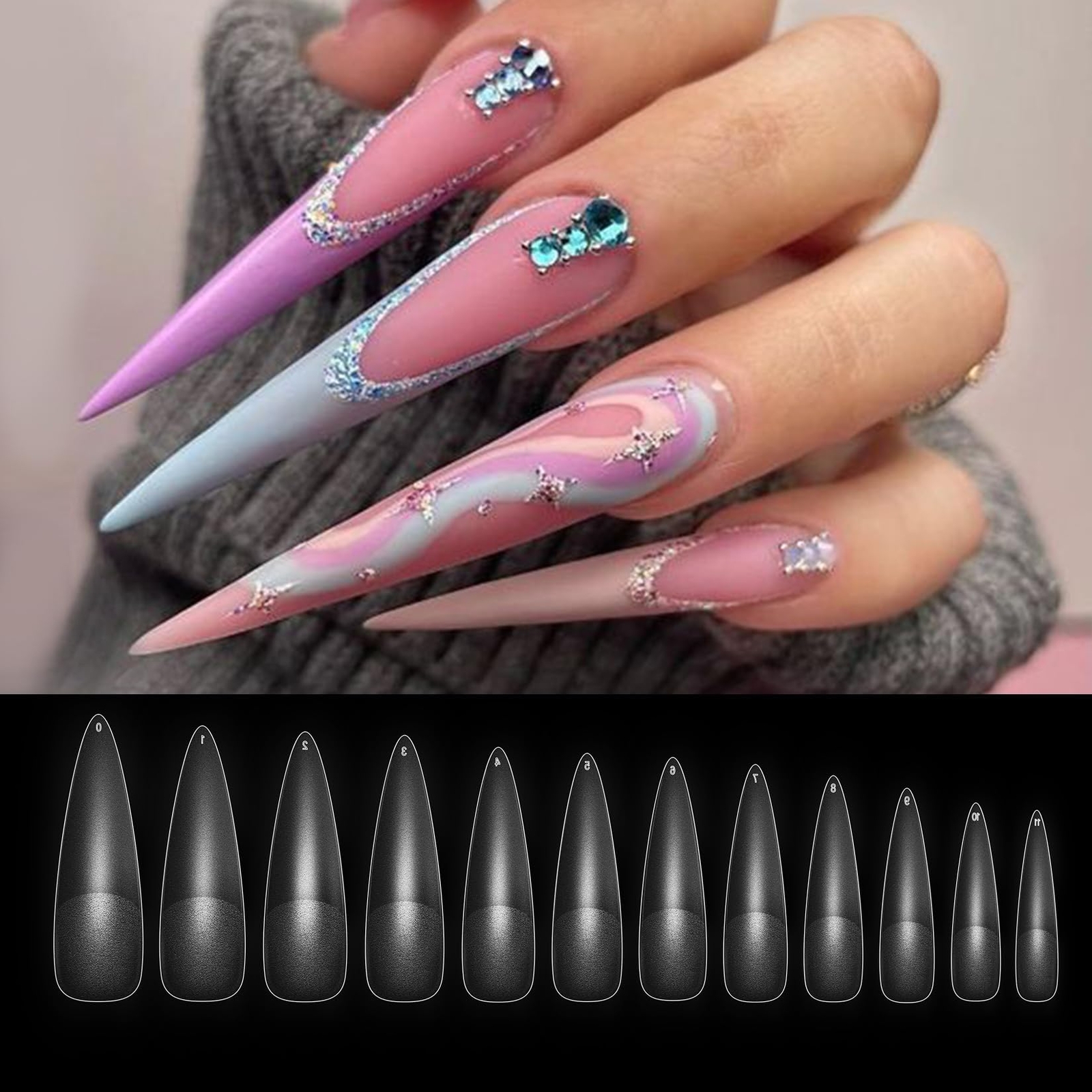 240PCS Stiletto Full Cover Soft Gel False Nails 12 Sizes Clear Matte Nail Tips