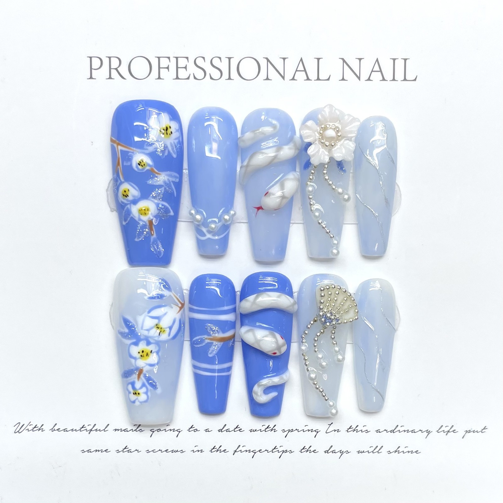 10Pcs Chinese Style 3D Carved Long Coffin Press On Nails White Snake Design Nail