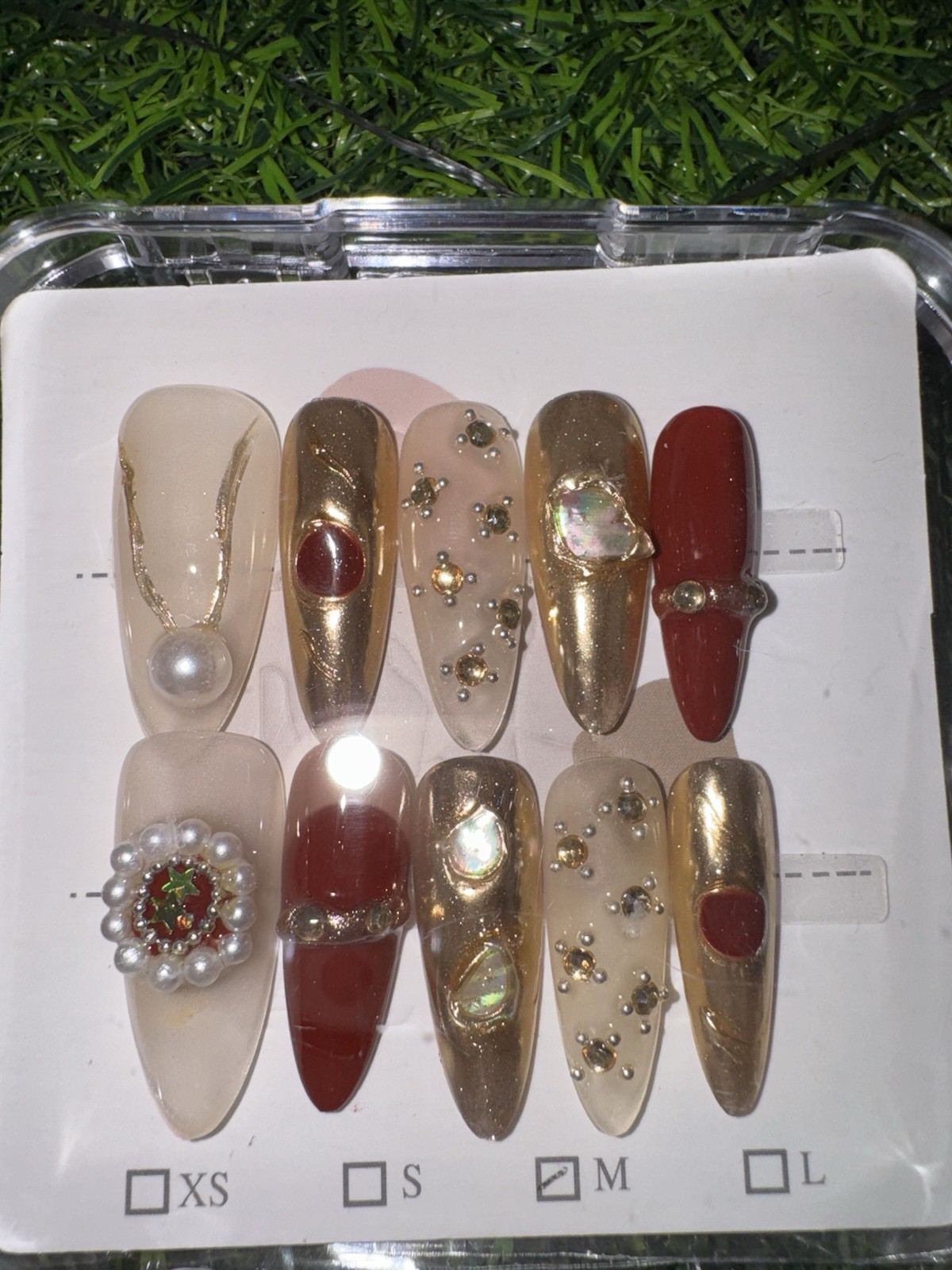 Nail Studio Press-On Nails Medium Almond Red/Gold/Beige 3D Pearl Glitter Full