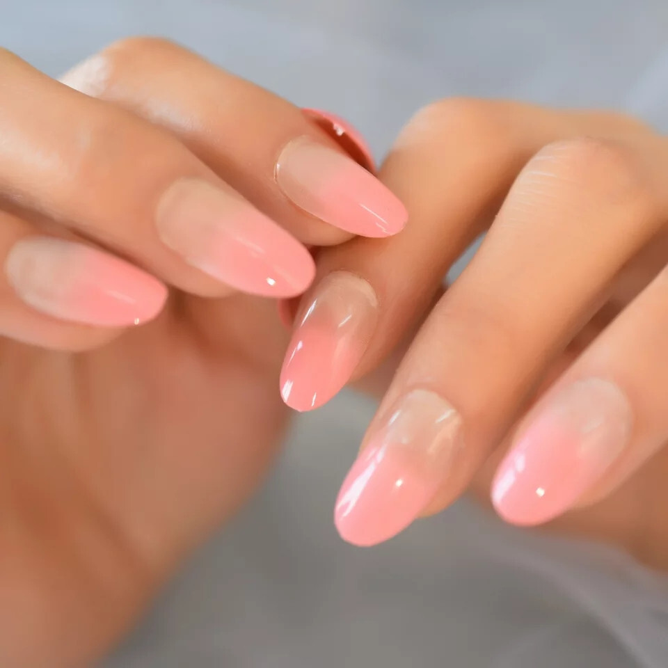 24 Medium Press on Nails kit glue on almond pink ombre nude pale