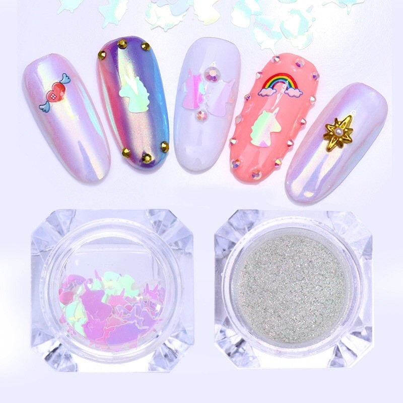 3pcs Aurora Powder and Unicorn Sequins AB Colour Nail Art Glitter Decoration Set