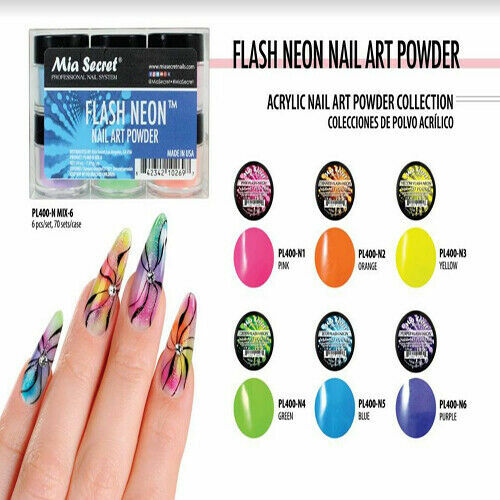New Mia Secret Monomer 4 Ounce + FLASH NEON Nail Art Powder 6 Colors Collection