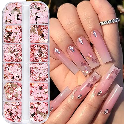 12 Grids Gold Pink Nail Glitter Sequins 3D Holographic Nail Glitter Flakes