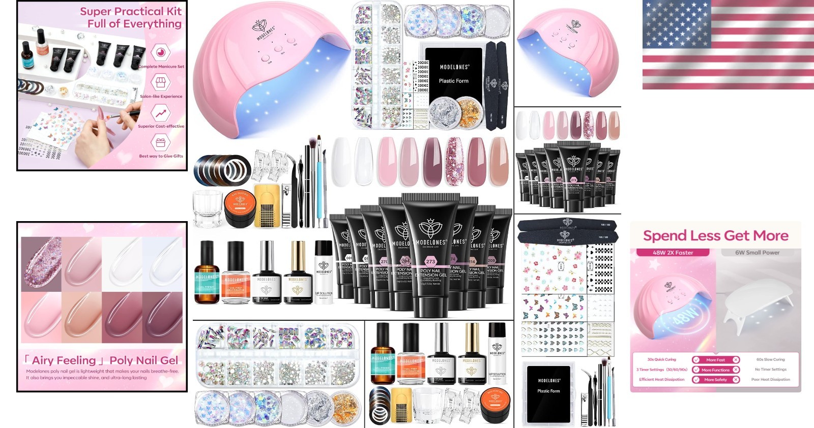 Poly Nail Gel Kit 8 Colors Rosy Pink + 48W Lamp
