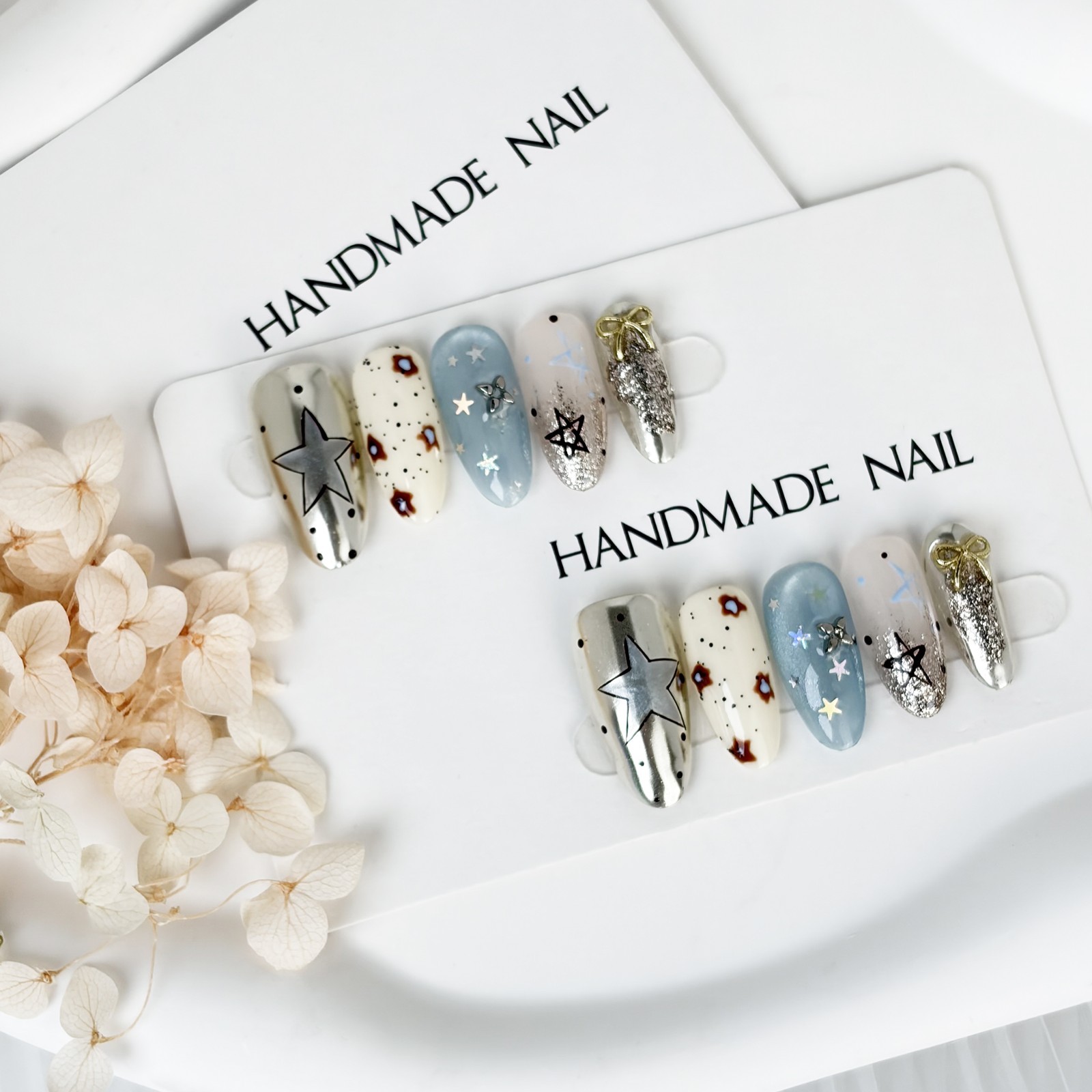 Galaxy Star Glitter Press-On Nails Mismatched Set Handmade Almond Nails Gift