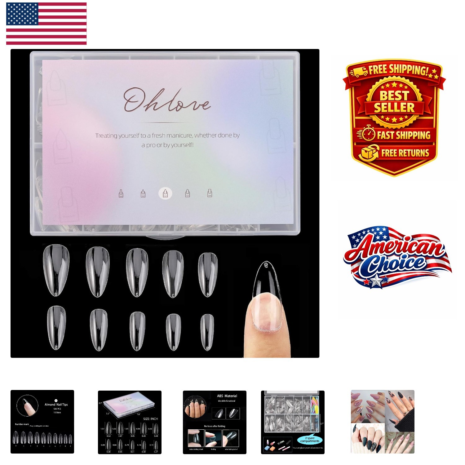 500 Pcs Clear Almond Nail Tips – High-Quality Acrylic Full Cover for DIY Art