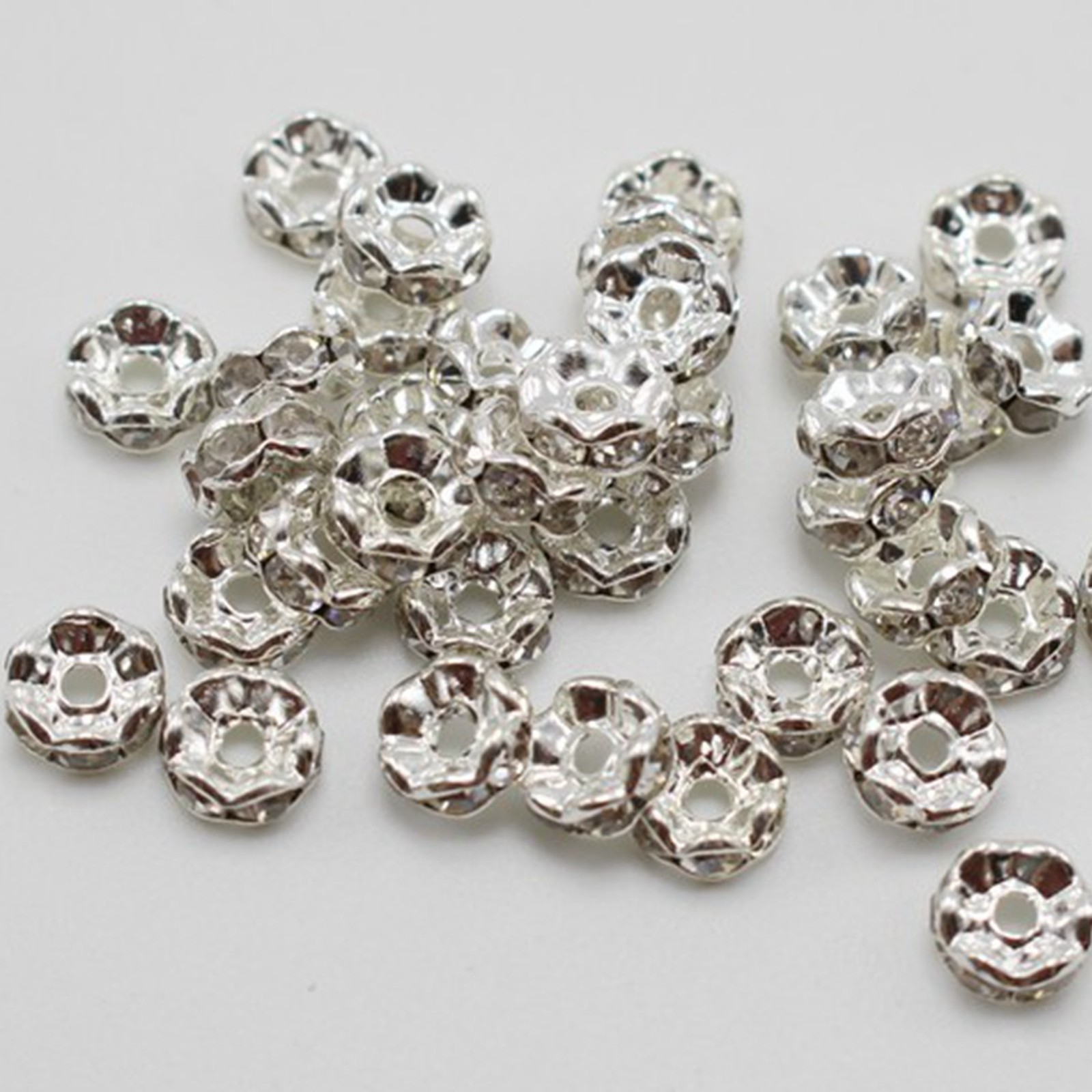 100 Silver Flower Crystal Rhinestone Rondelle Spacers Beads 6mm 8mm 10mm