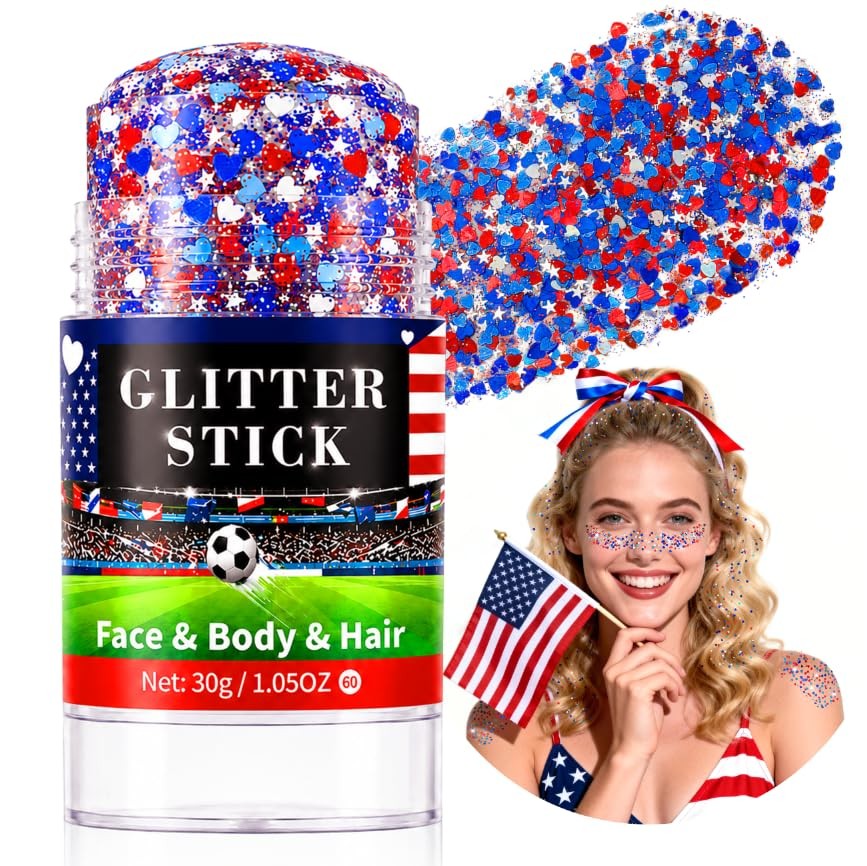 Red White Blue Glitter Stick for Hair Body, Waterproof Patriotic Glitter with…