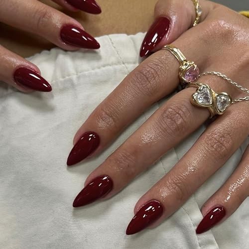 Burgundy Red Press on Nails Almond Shaped 48Pcs Neutral almond burgundy red