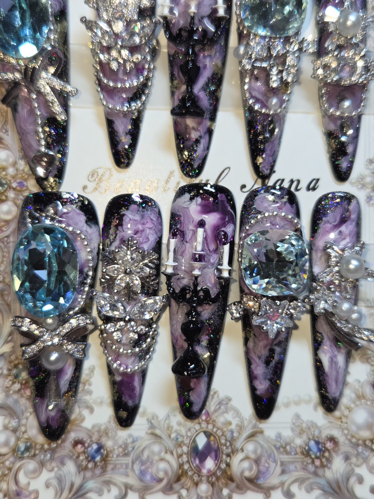 Press-On Nails Handmade Medium Stilettos, red pink marble necklace princess,