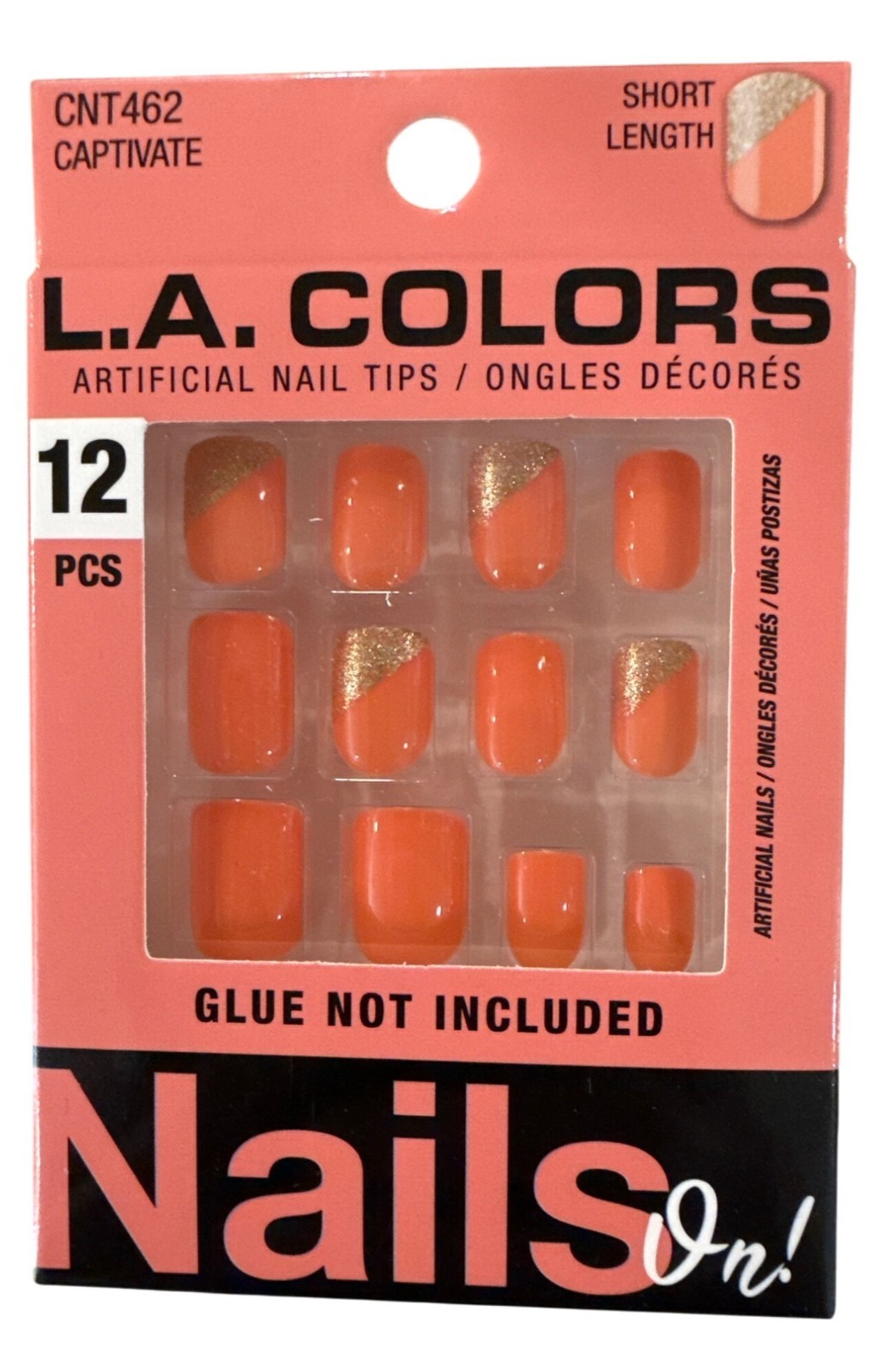L.A. Colors NAILS ON! 12 Nails CAPTIVATE Short Square Glossy Orange+Gold Accents