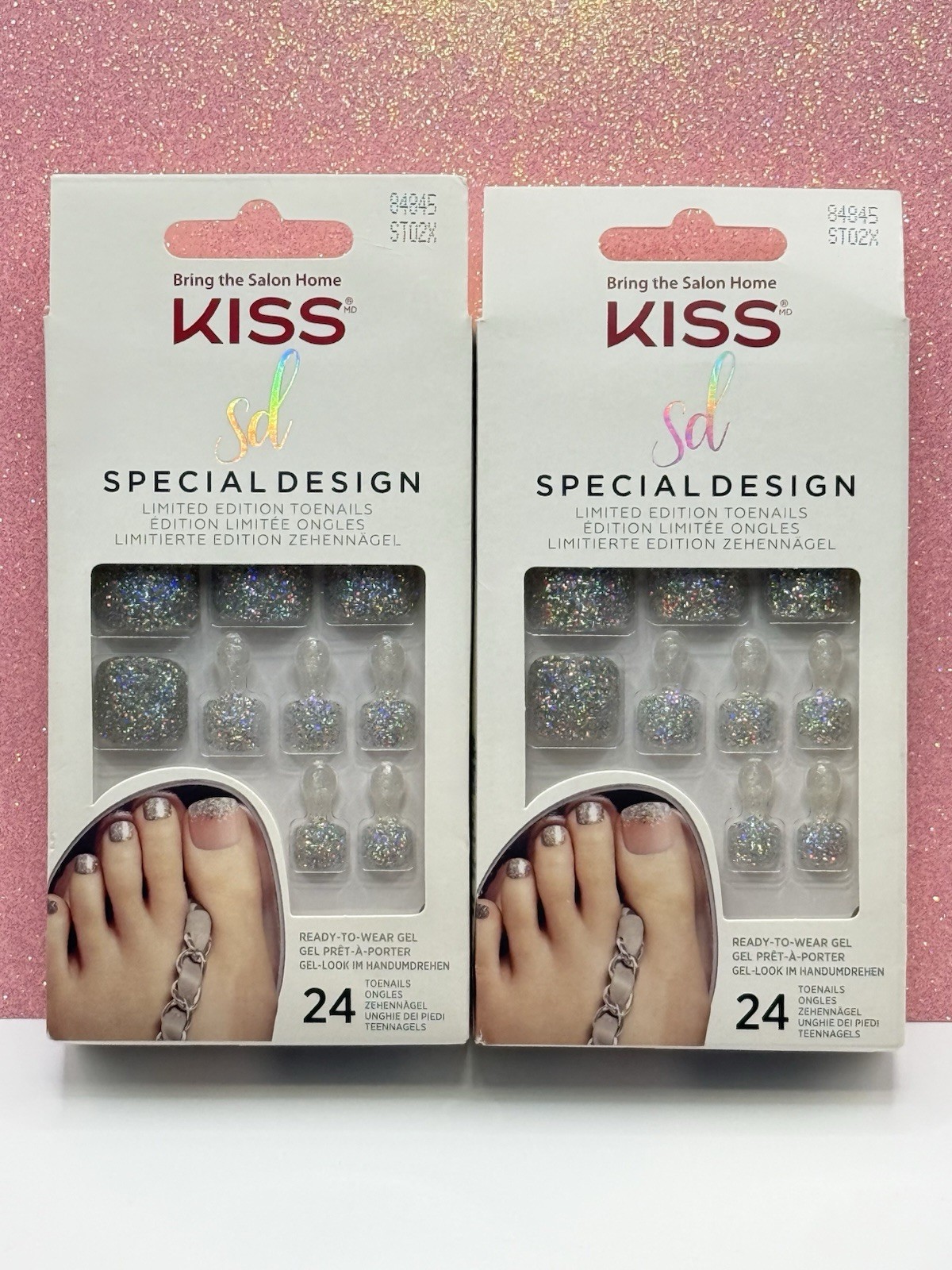 Kiss Special Design Press-On Pedicure Toe Nails Silver Holographic Glitter 2Pck