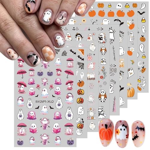 8 Sheets Halloween Nail Stickers Decals Cute Ghost Bat Spider Web Halloween 07