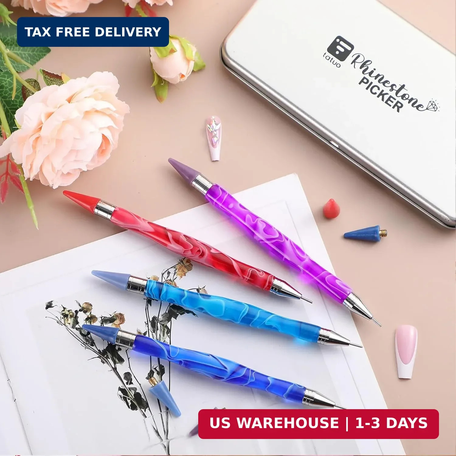 Tatuo 4 Pcs Dual Ended Nail Rhinestone Picker Tool Wax Tip Comfort Rhinestone Pe