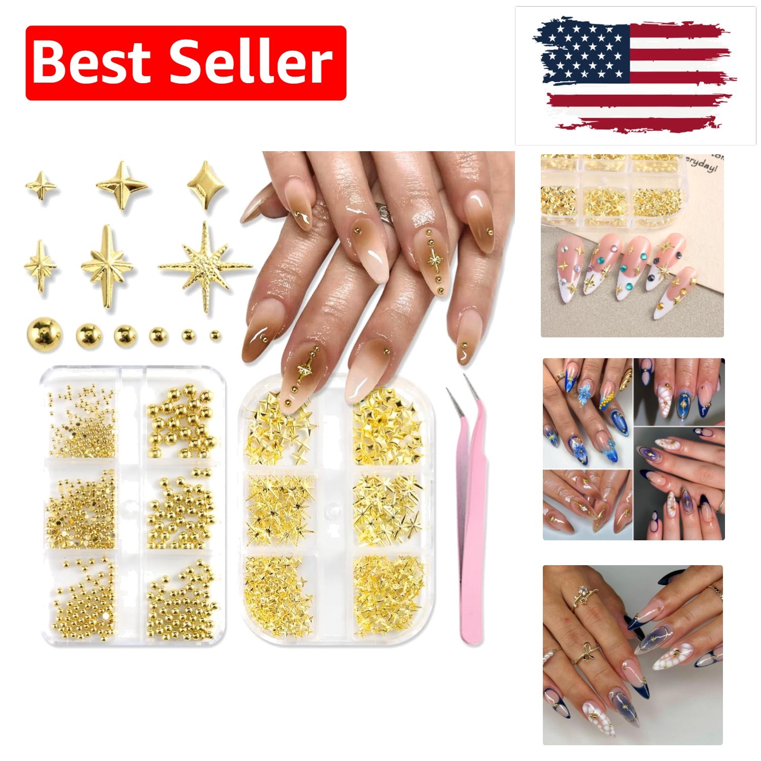 Star Nail Charms for Nails Art, 3D Gold Mixed Styles Stars Metallic Studs Riv…