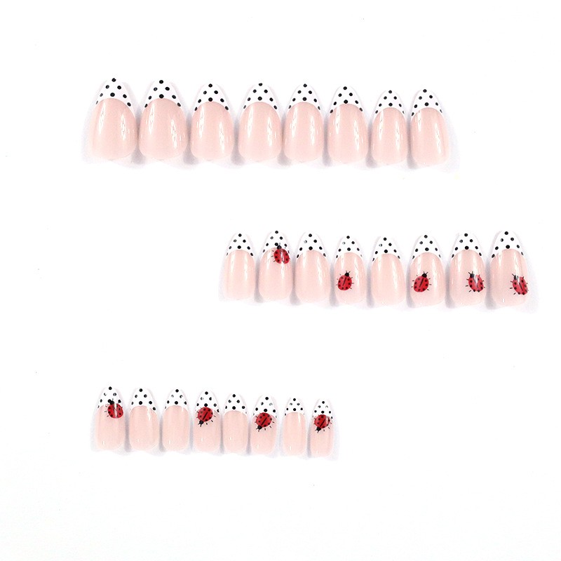 48pcs Almond Press on Nails, White French Dot Ladybug Hand Paint Cute Nails
