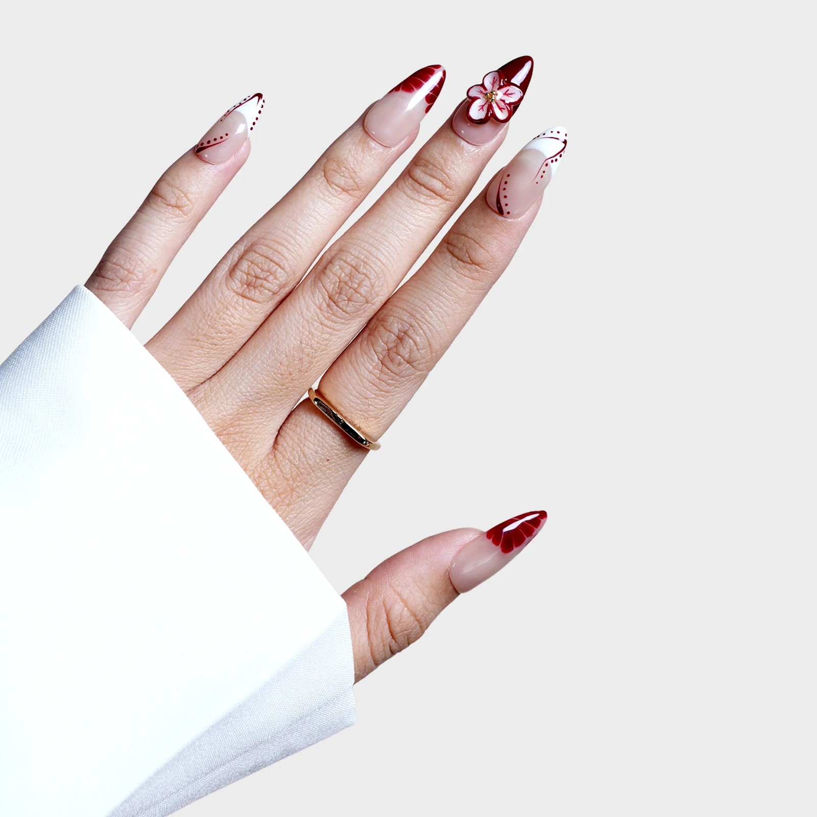 SIYOU Velvet Rose Almond Red, Beige & White Press-On Nails 10pc