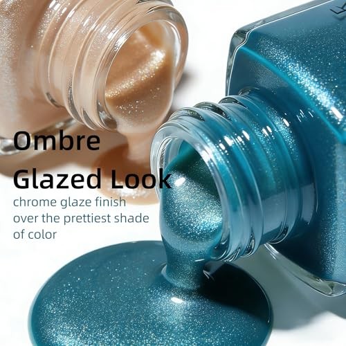 Chrome Ombre Teal Blue Press On Nails Short Almond, 30 Pcs almond ombre blue
