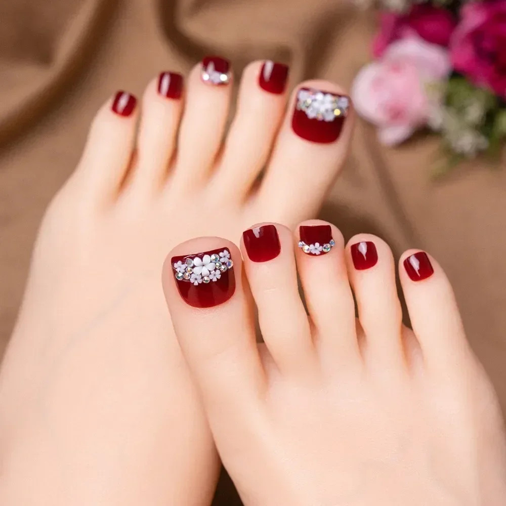 24pcs Sequins Full Cover Short Square Artificial Fake Toenails for Women Foot
