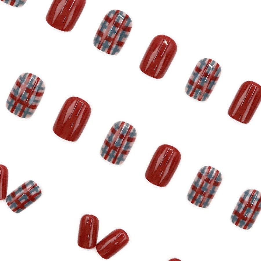 48 Pcs Red Plaid Press on Nails, Short Square Glossy Autumn Fake Nails