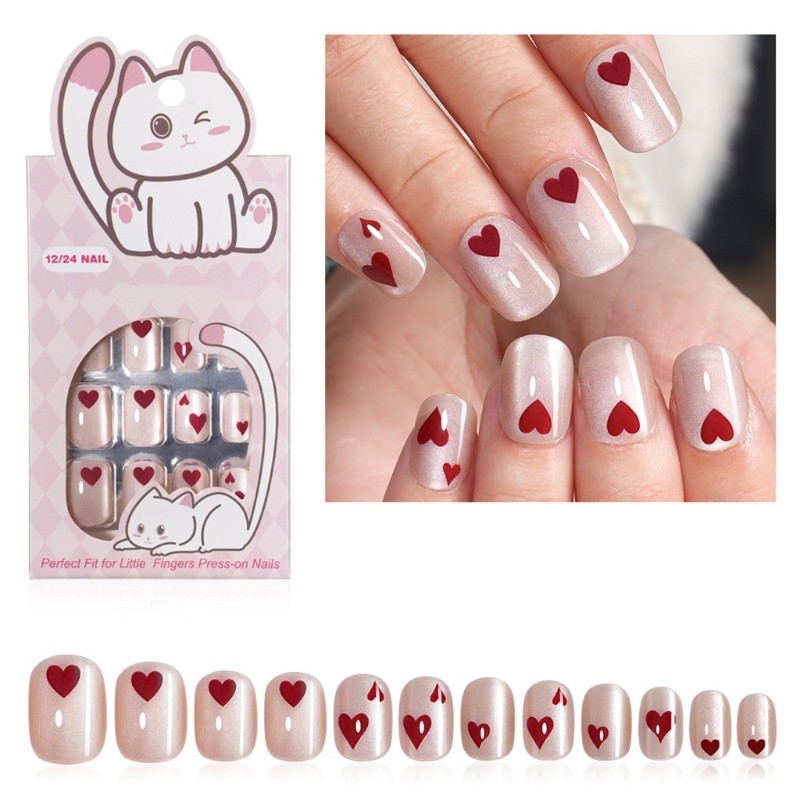 24 Pieces Heart Pattern Press On Nail ABS Material Short Square Style