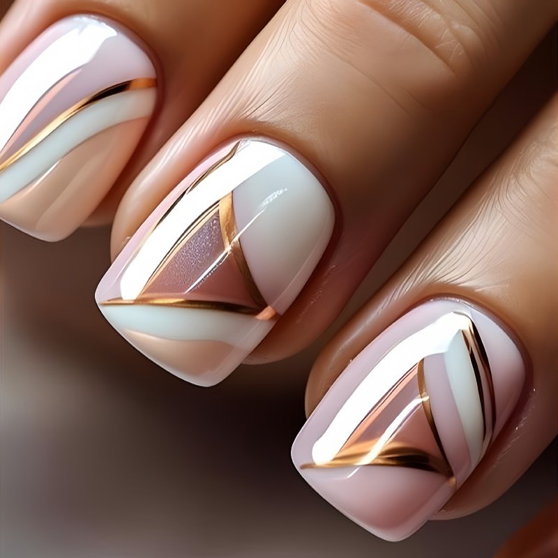 48Pcs-Medium Square Nude White Geometric Gold Line Gradient Press on Nails Set