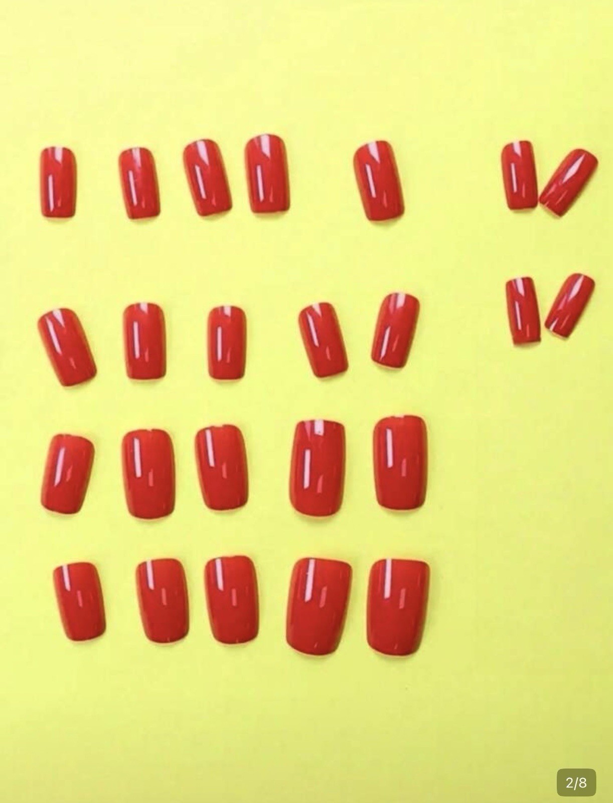 Red Shiny Square Short Full Cover Press-On Nails, Pre-Designed for Fingers