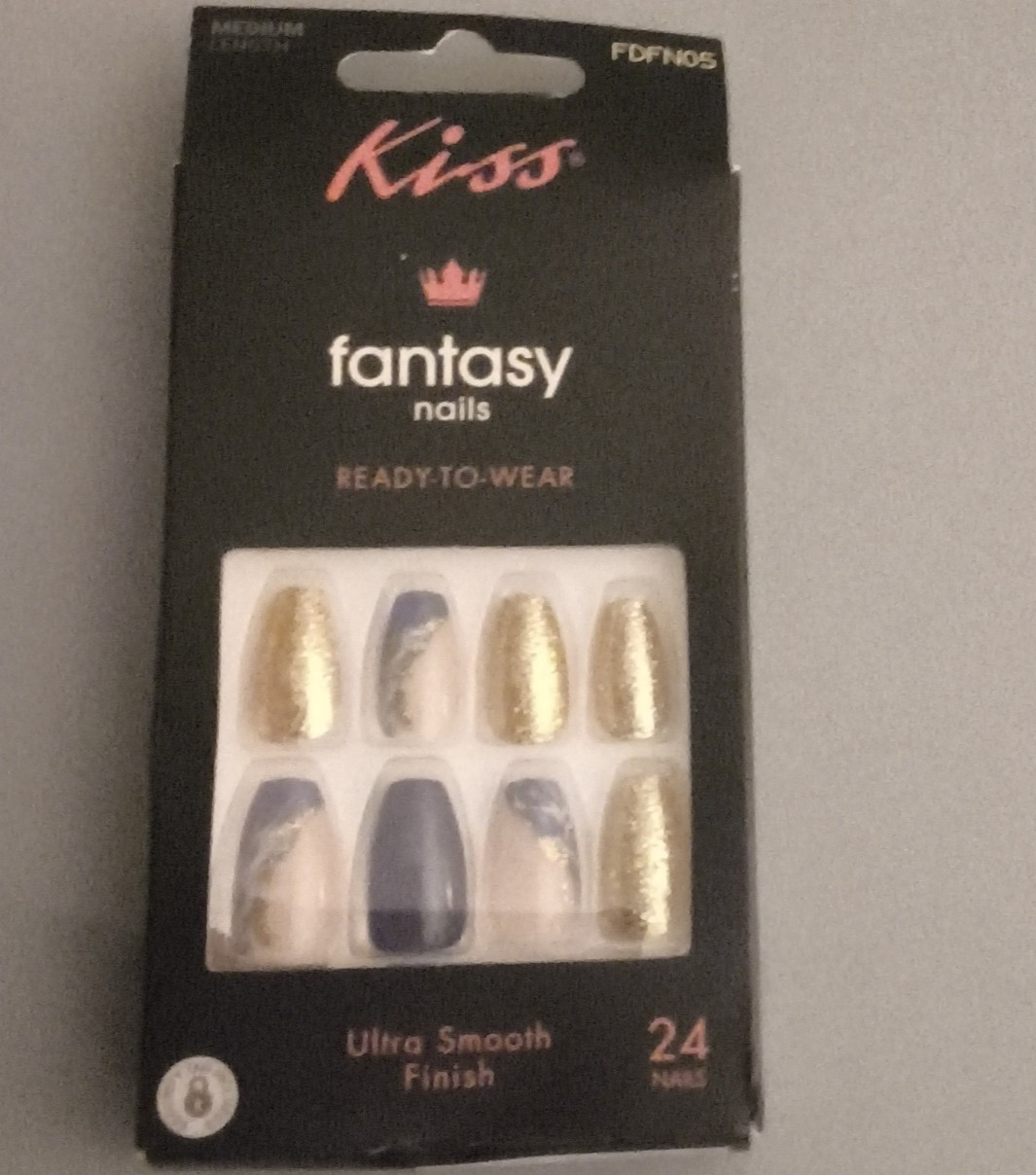 Kiss Press-On Nails Medium Almond Glitter Gold Blue White Marble, 24 Count