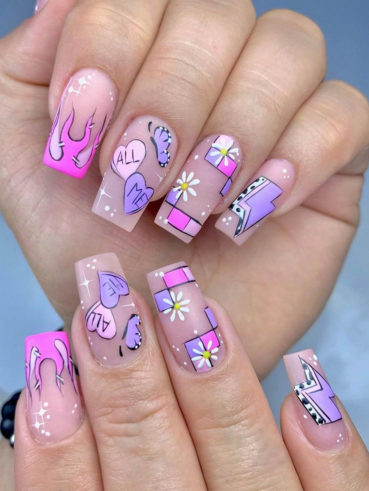24pcs Square Floral Heart Purple Pink Fake Nail Set Press On Nails False Nails
