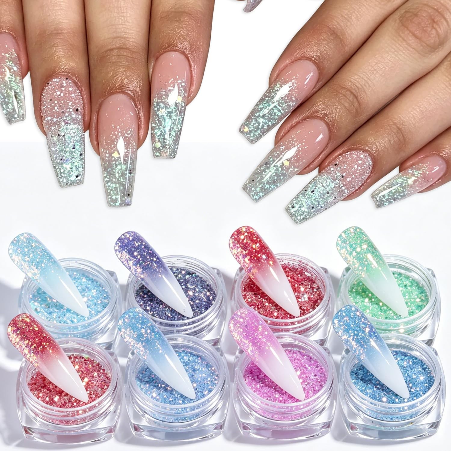 Fcozpjk Flakes for Nails, 8 Colors Summer Mermaid Nail Art Glitters Kit Blue …