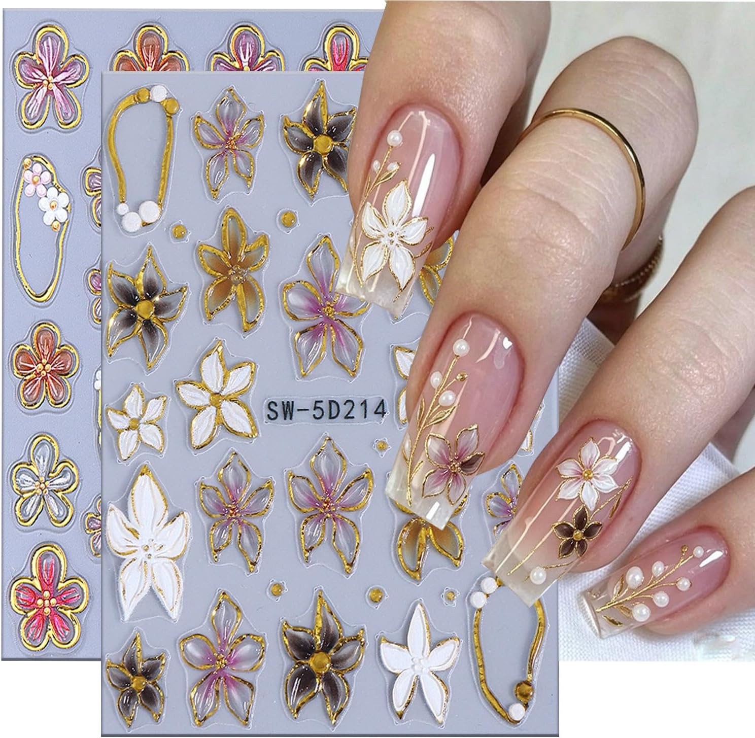 5D Embossed Gold Line Flower Nail Stickers – 2 Sheets Self-Adhesive Pink Floral