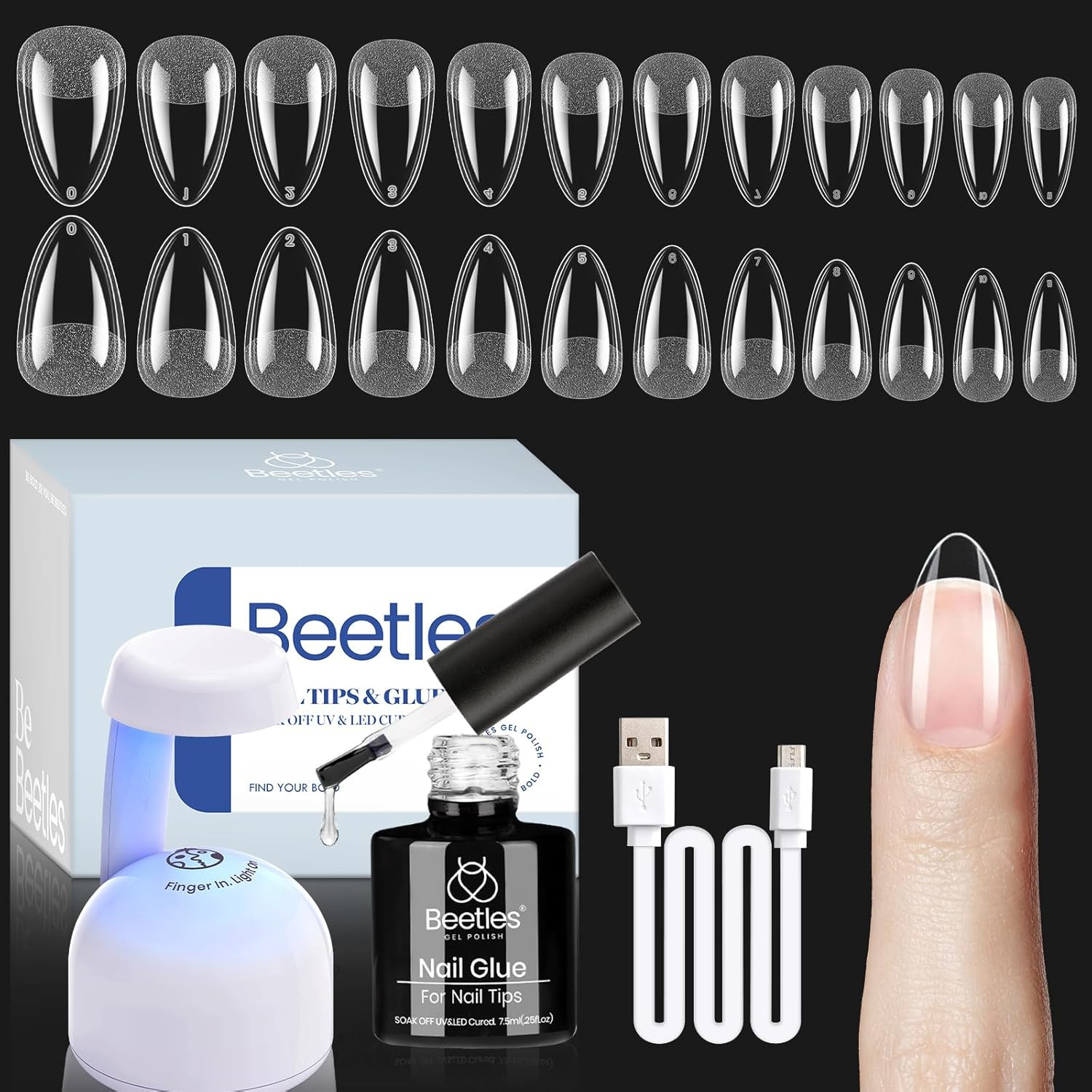 Beetles Gel Nail Kit Etch-X, Almond Short, 504Pcs 12 Sizes Nail Tips, with 9 in
