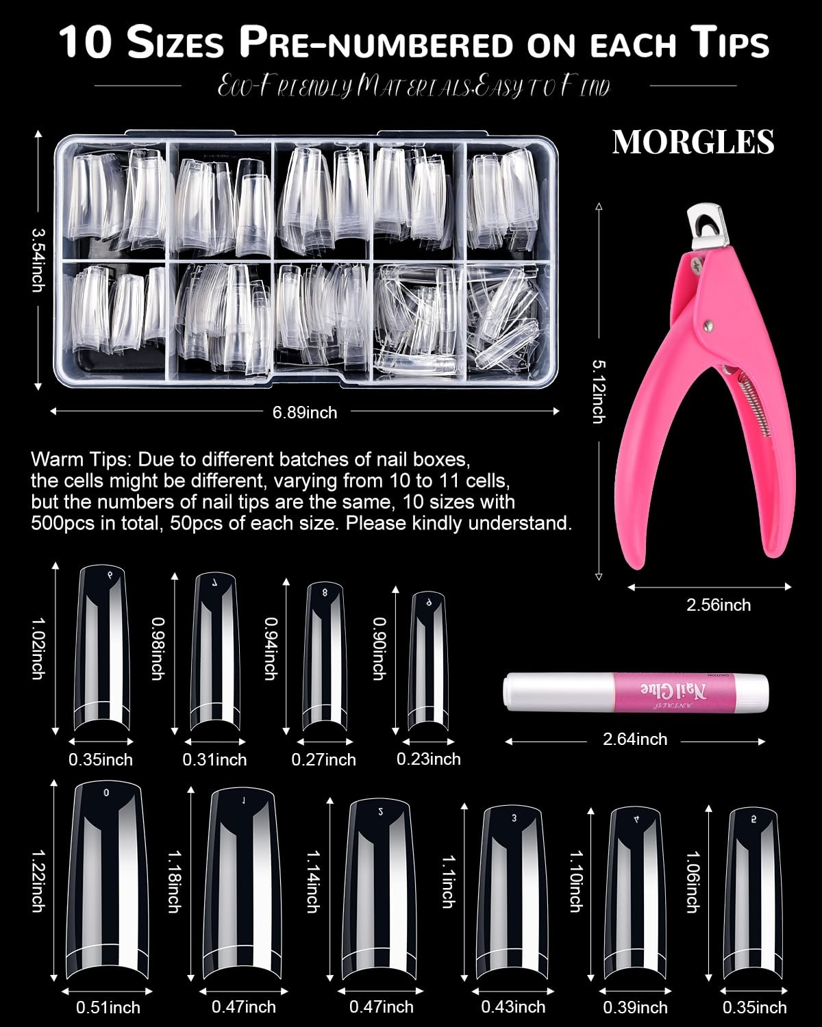 MORGLES Clear Acrylic Nail Tips, 500 511 Piece Set, 500PCS French Tips