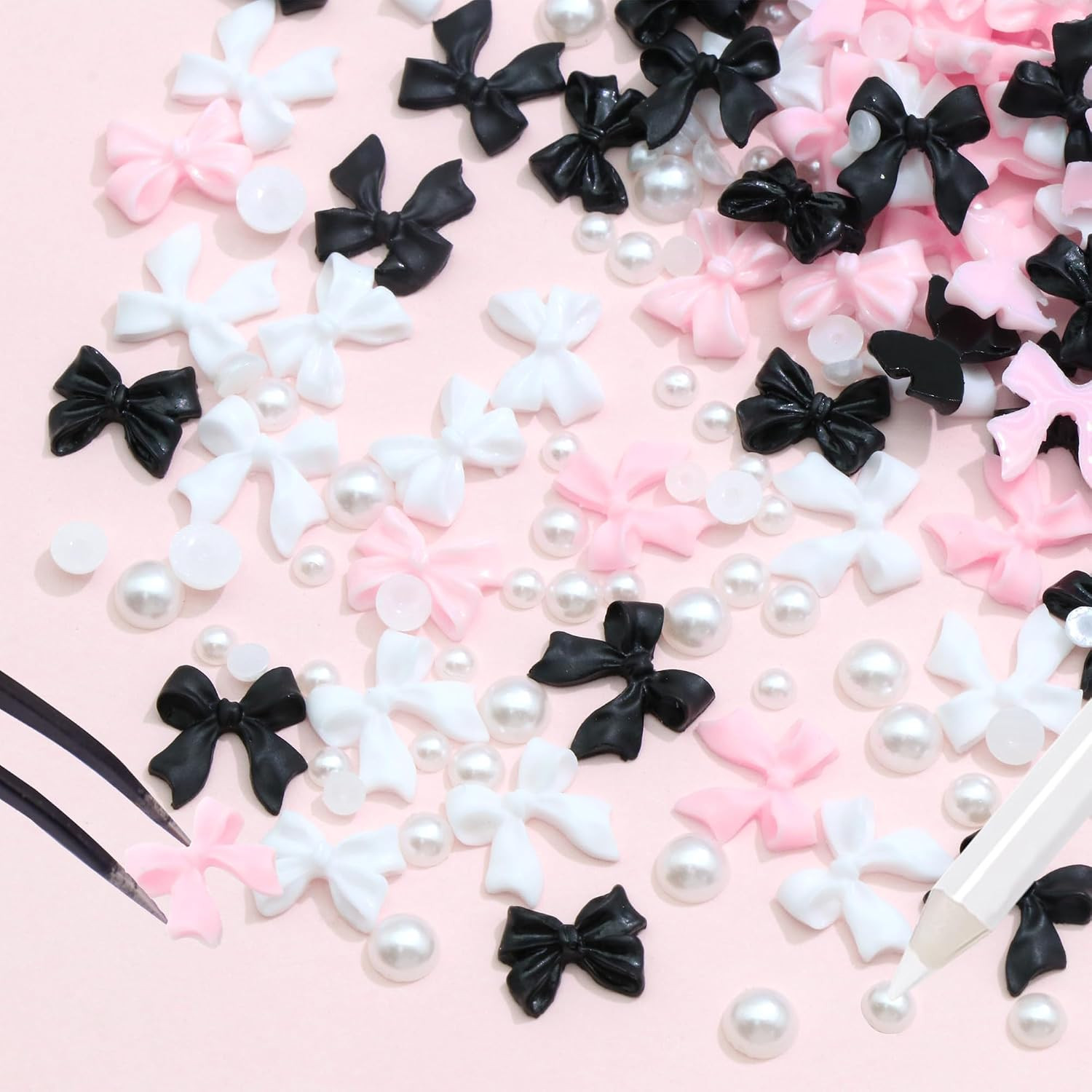 300Pcs Bow Nail Charms and Flatback Pearls,Black White Pink Bowknot 3D Cute Nail