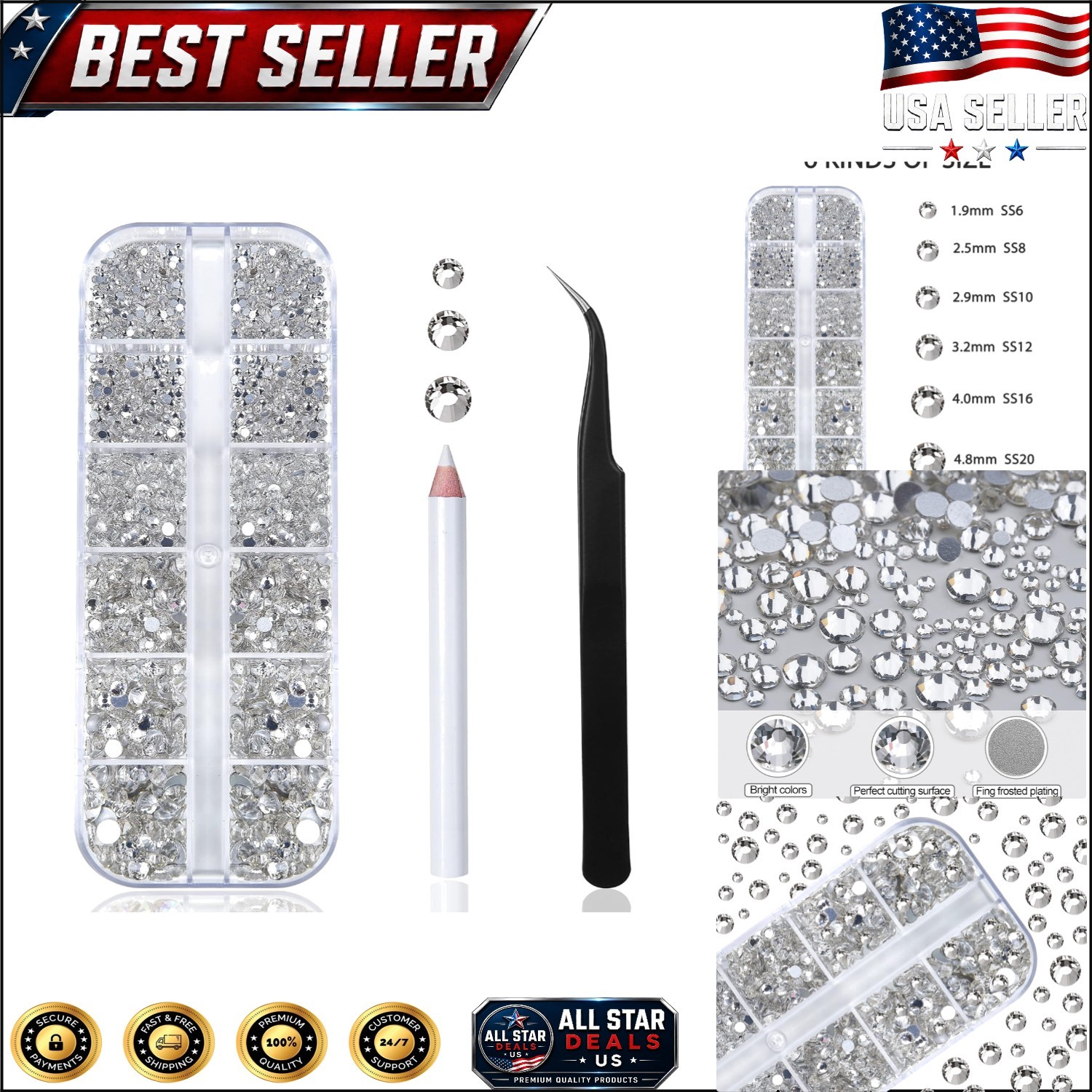 2400pcs Nail Art Rhinestones Kit with 6 Sizes & Tools – Crystal Clear Elegance