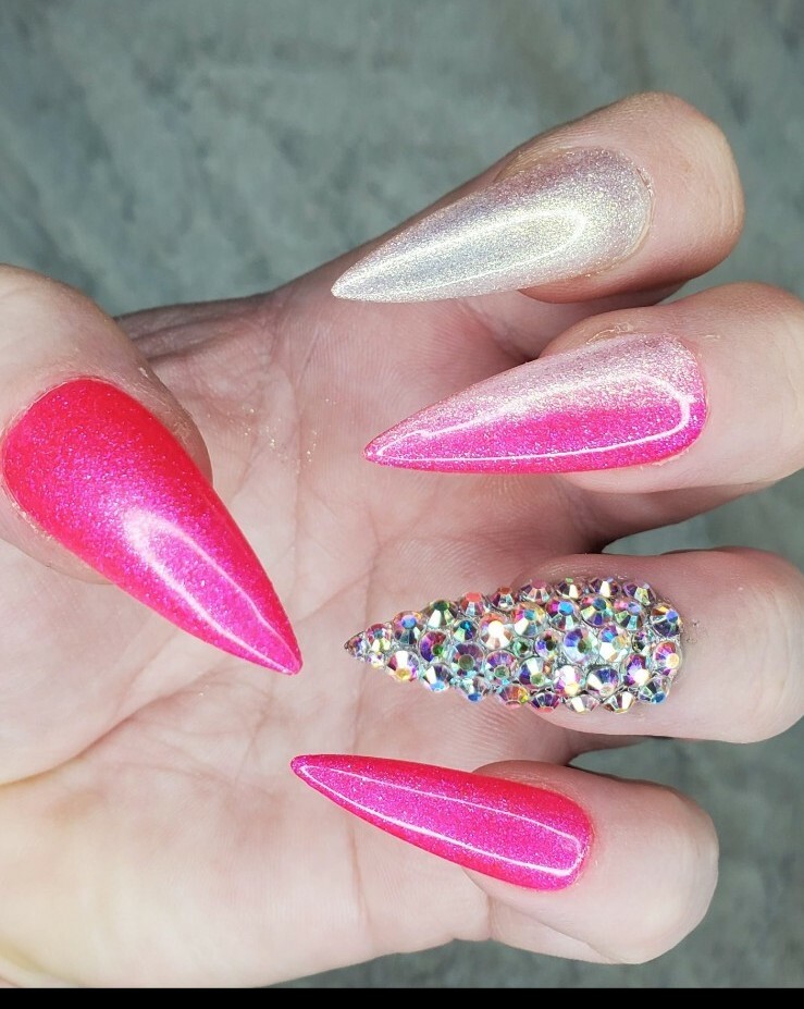 Neon hot pink Bling glitter long stiletto diamond press on nails barbie ombre
