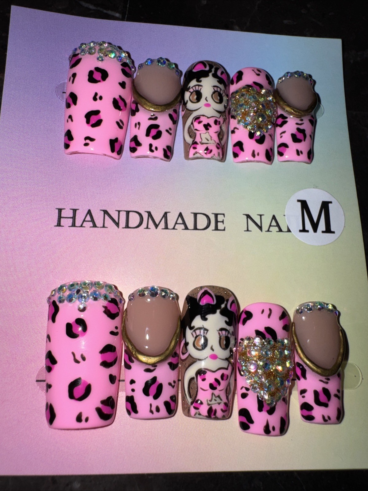 Handmade Betty Boop Inspired Press On Nails Medium Square Glam Rhinestone Set