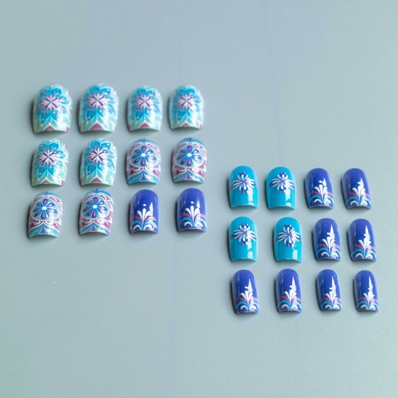 48pcs-Purple Blue Boho Press on Nails, Short Square Mandala Design Fake Nails
