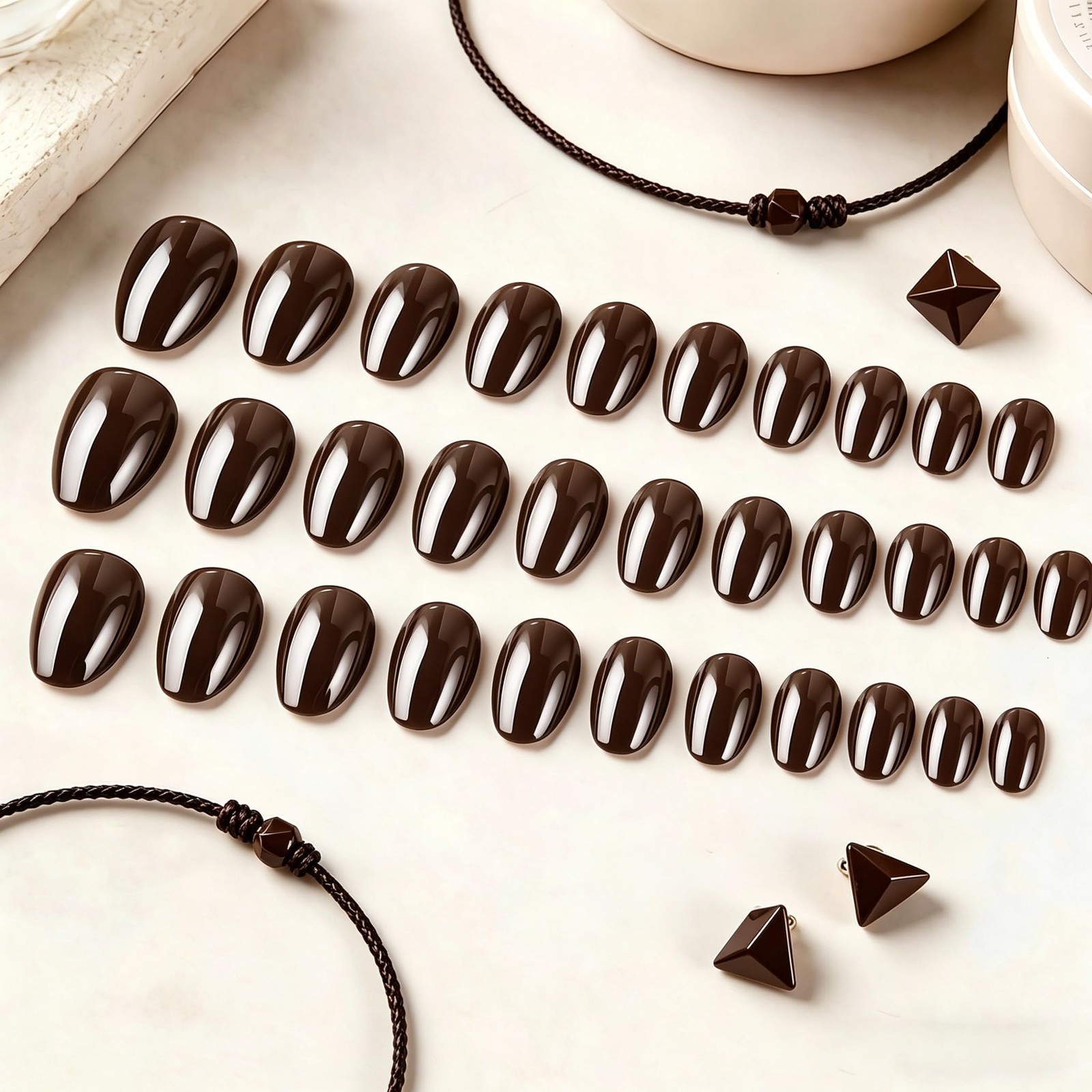 KQueenest Chrome Press On Nails Short Oval, 32 Pcs Glazed Coffee Brown Fake N…