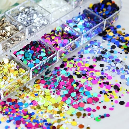 12 Grids Polka Dot Round Sequins Mixed with Colorful Nail Art Glitter Kit – Colo