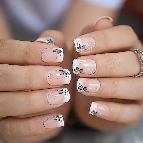 Press on Nails – Shiny Short Flower Glitter Deco Ombre False Nails | UV L5431