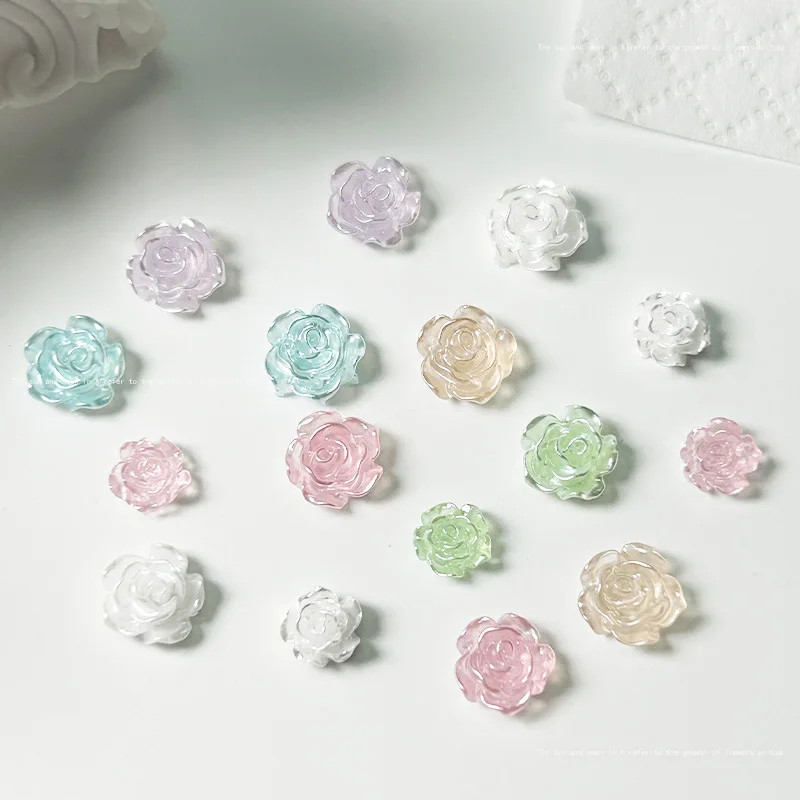 50pcs Camellia Nail Charms Mix Flower Shiny Pearl 3D 6/8mm Rose Flat Back 3D