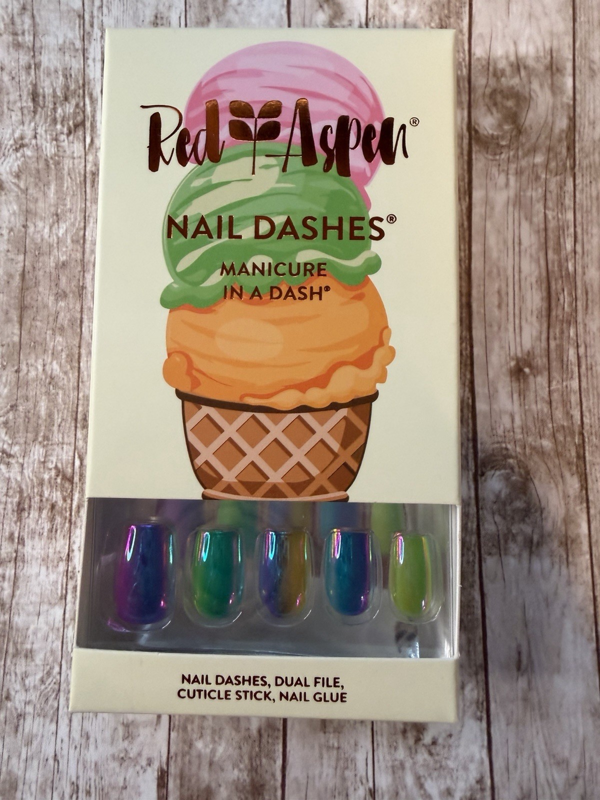 Red Aspen Press On Nails, Short Coffin, Rylan’s Rainbow Sherbet
