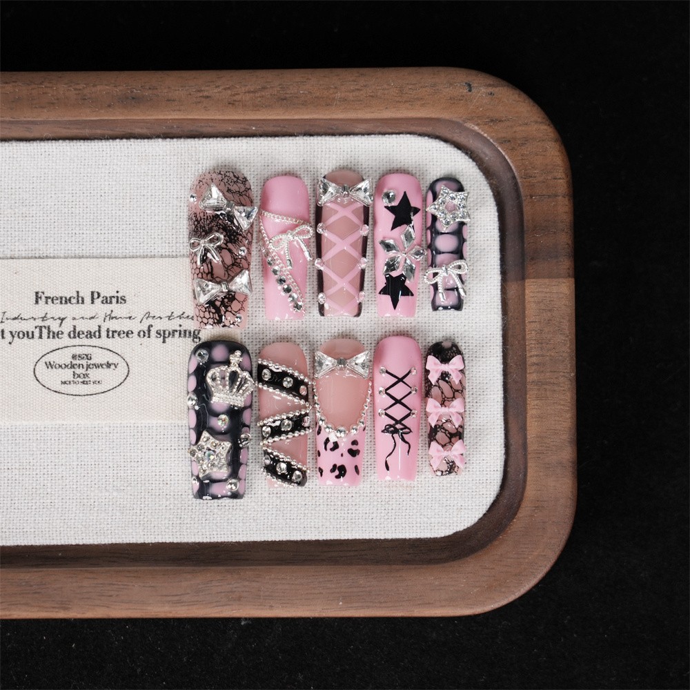 Handmade Pink Black Lace Press on Nails Bow Crown Rhinestone Edgy Fake Nails