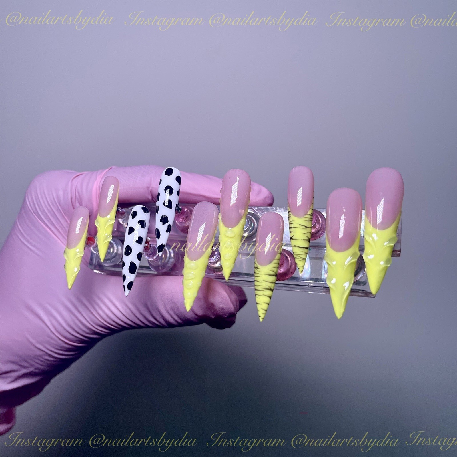 Authentic Nail Arts by Dia Long Stiletto Press-On Nails Yellow 3D Animal Print