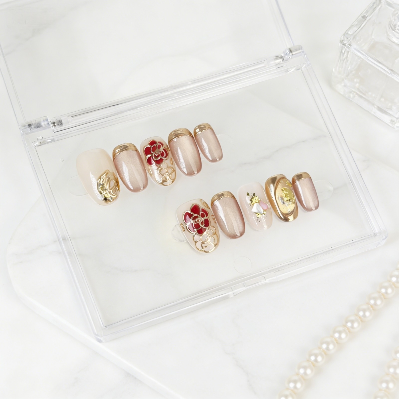 Nude Pink Floral Press On Nails Oval Gold Foil Handmade Elegant Set Gift For Her
