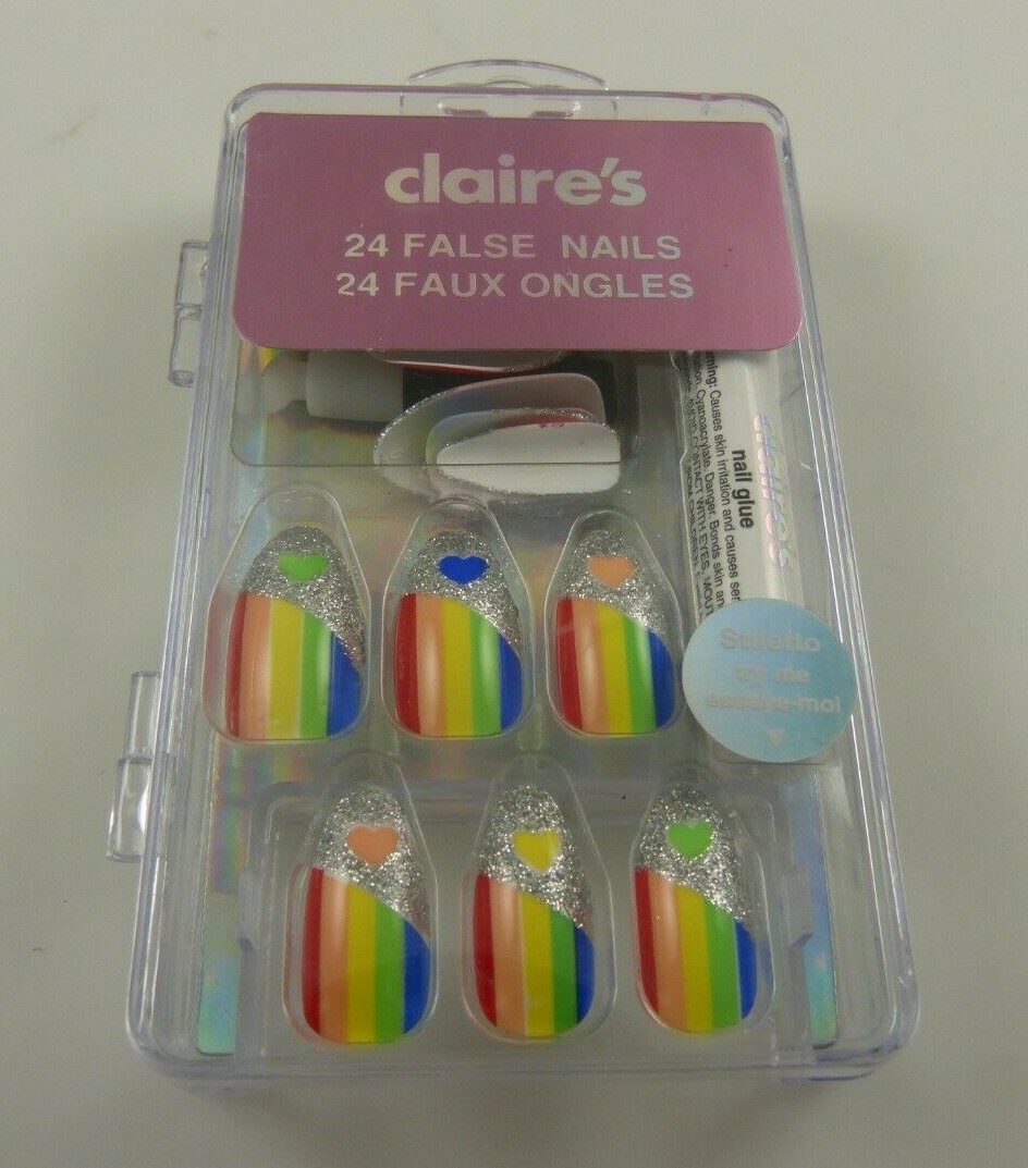 faux nails rainbow stripes colors heart glue elegant silver glitter Claire’s