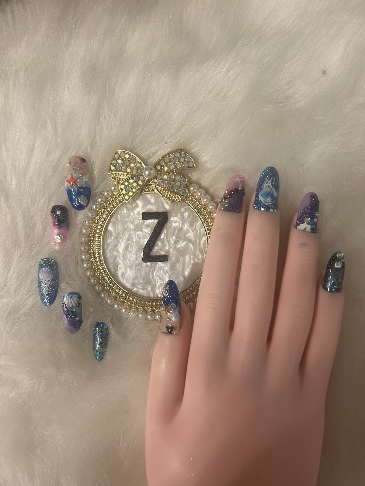 Z NAILZ! Gorgeous Set of Handmade Long Rounded Bling Beach Themed Press On Nails