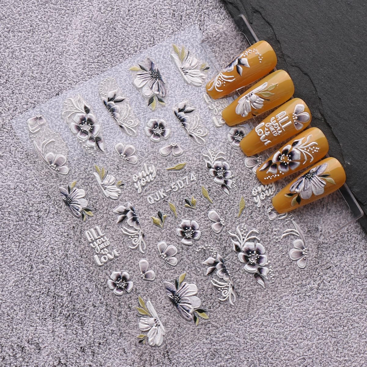 6 Sheets 3D Embossed Spring Flower Nail Art Stickers Decals Self-Adhesive